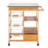 Moveable Kitchen Cart with Stainless Steel Table Top & Three Drawers & Three Baskets Burlywood RT